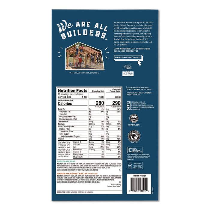 Builders Protein Bar, Variety Pack, Chocolate Mint/Chocolate Peanut Butter, 2.4 oz Bar, 18 Bars/Box
