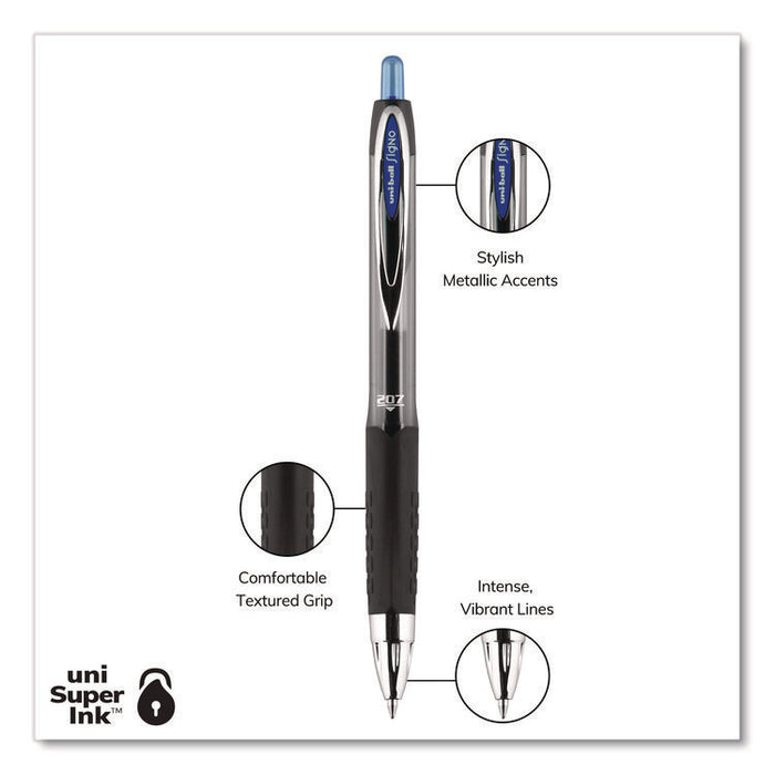 Signo 207 Gel Pen, Retractable, Medium 0.7 mm, Blue Ink, Smoke/Black/Blue Barrel, Dozen