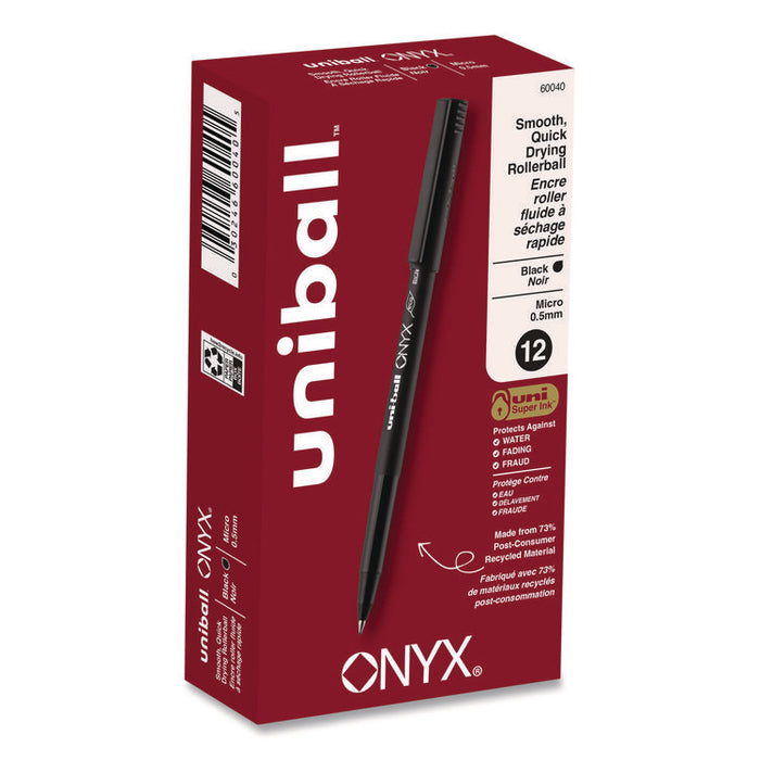 ONYX Rollerball Pen, Stick, Micro 0.5 mm, Black Ink, Black Barrel, Dozen
