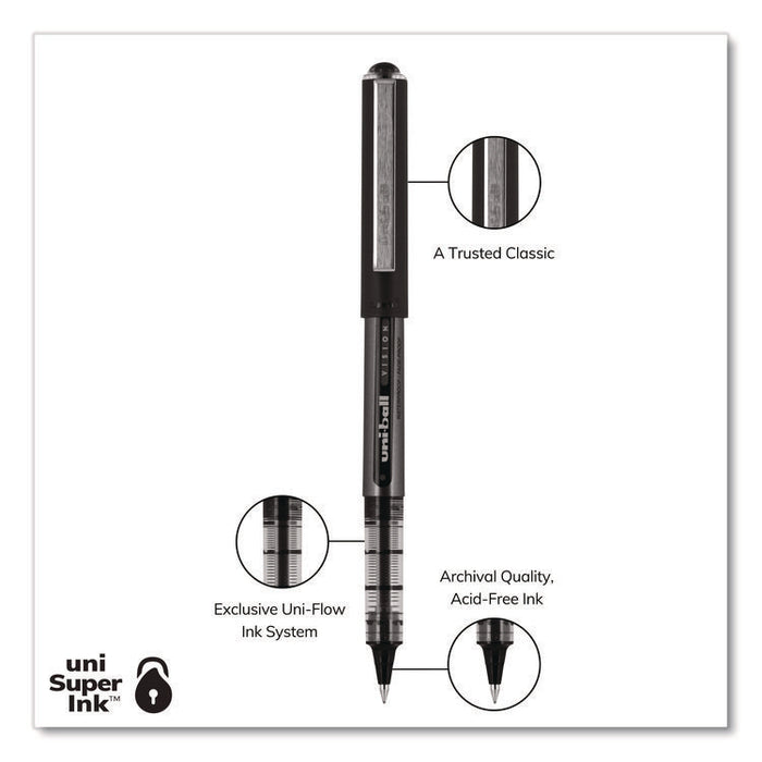 VISION Rollerball Pen, Stick, Micro 0.5 mm, Black Ink, Gray/Black/Clear Barrel, Dozen