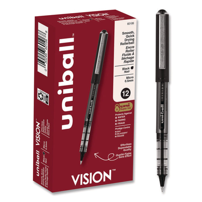 VISION Rollerball Pen, Stick, Micro 0.5 mm, Black Ink, Gray/Black/Clear Barrel, Dozen