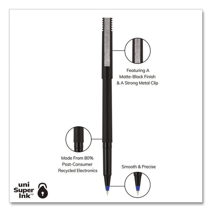 Rollerball Pen, Stick, Micro 0.5 mm, Blue Ink, Black/Blue Barrel, Dozen