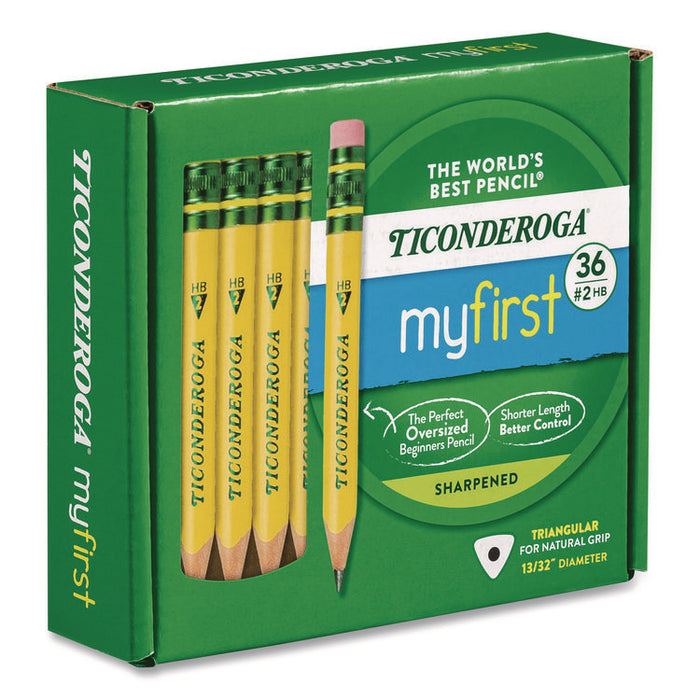 My First Short Pencil with Eraser, 3.6 mm, HB (#2), Black Lead/Yellow Barrel, 36/Pack
