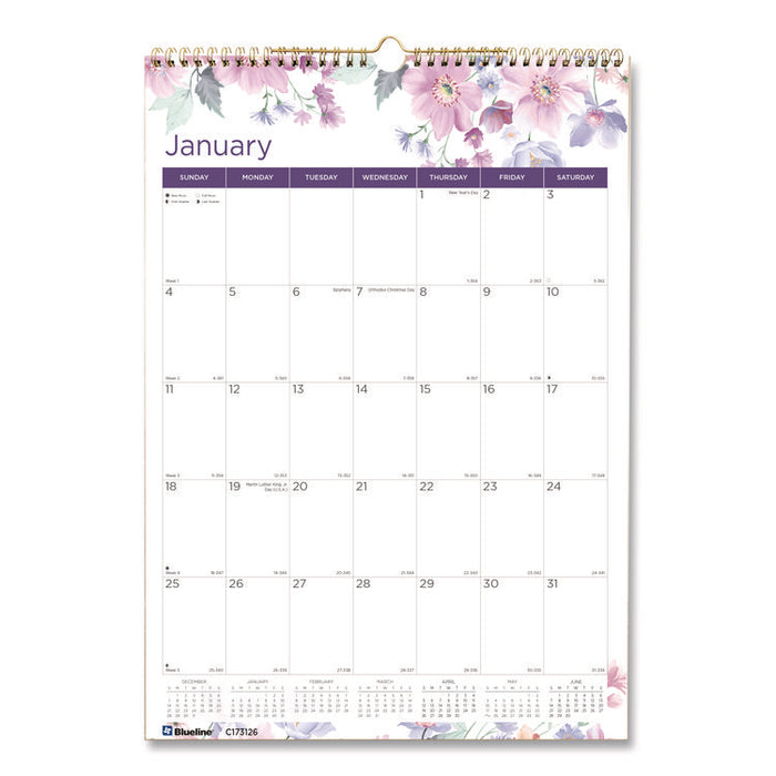 12-Month Colorful Wall Calendar, Passion Floral Artwork, 12 x 17, White/Multicolor Sheets, 12-Month (Jan to Dec): 2026