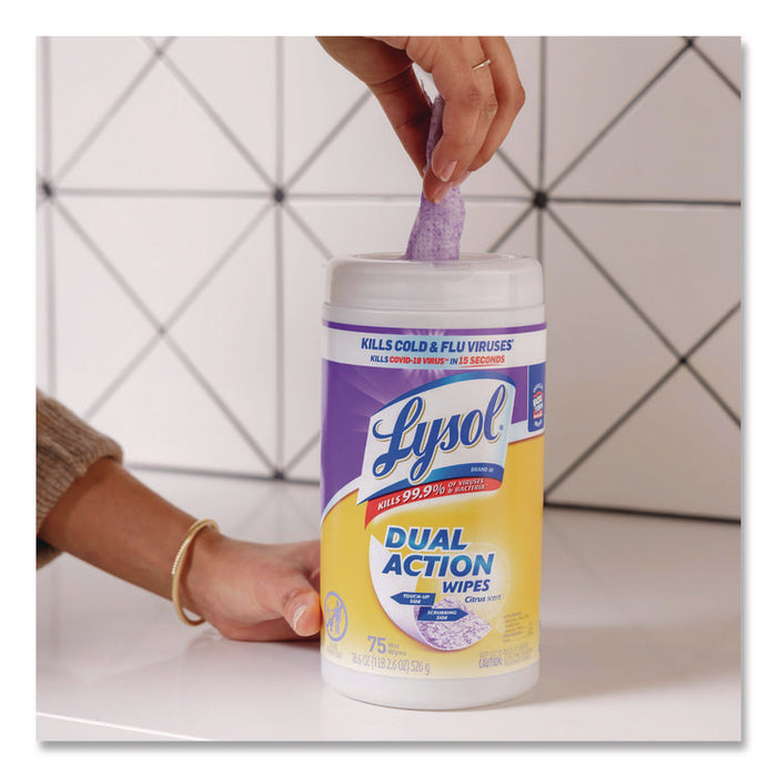 Dual Action Disinfecting Wipes, 1-Ply, 7 x 7.25, Citrus, White/Purple, 75/Canister