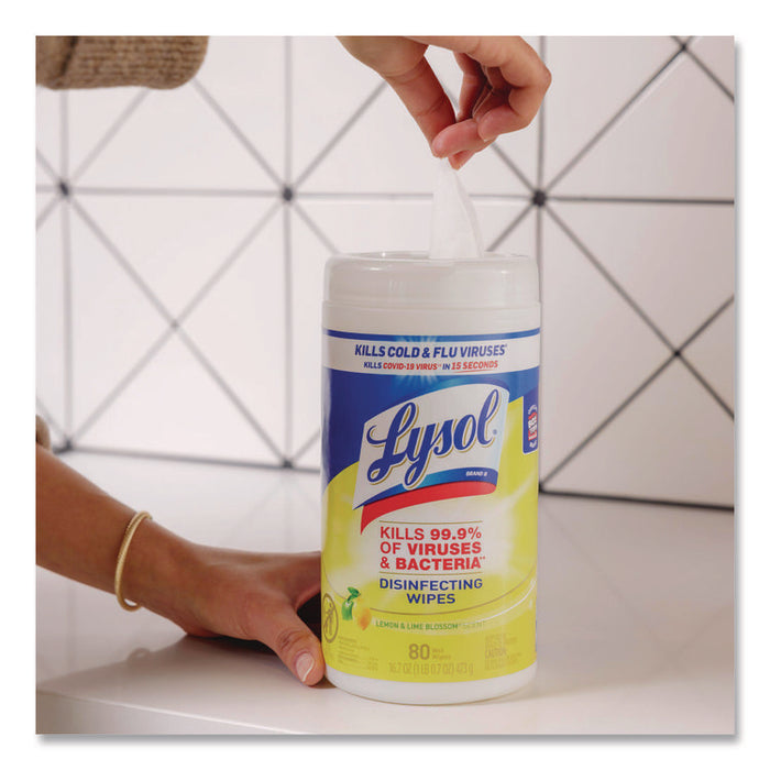 Disinfecting Wipes, 1-Ply, 7 x 7.25, Lemon and Lime Blossom, White, 80 Wipes/Canister