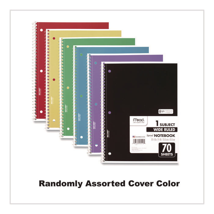 Spiral Notebook, One-Subject, Wide/Legal Rule, Randomly Assorted Cover Color, (70) 10.5" x 7.5" Sheets