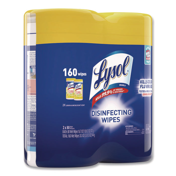 Disinfecting Wipes, 1-Ply, 7 x 7.25, Lemon and Lime Blossom, White, 80 Wipes/Canister, 2 Canisters/Pack, 3 Packs/Carton