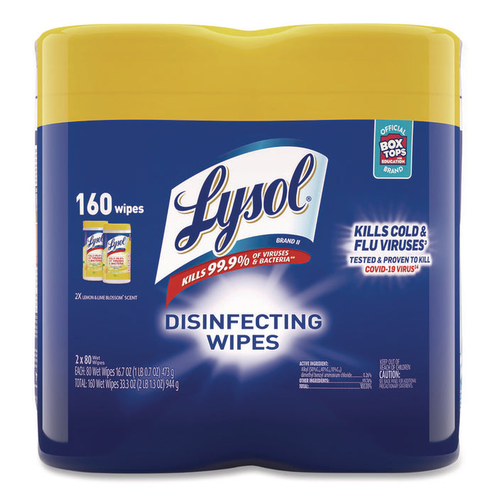 Disinfecting Wipes, 1-Ply, 7 x 7.25, Lemon and Lime Blossom, White, 80 Wipes/Canister, 2 Canisters/Pack, 3 Packs/Carton