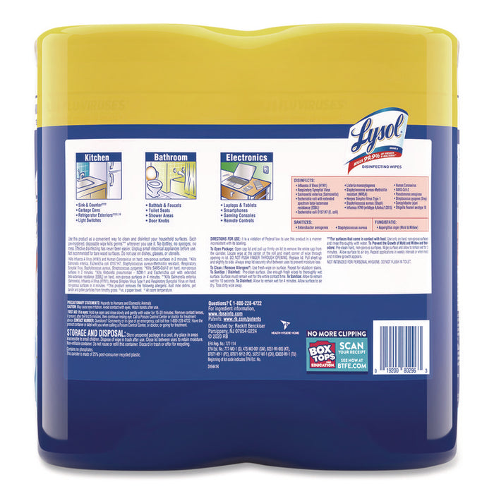 Disinfecting Wipes, 1-Ply, 7 x 7.25, Lemon and Lime Blossom, White, 80 Wipes/Canister, 2 Canisters/Pack