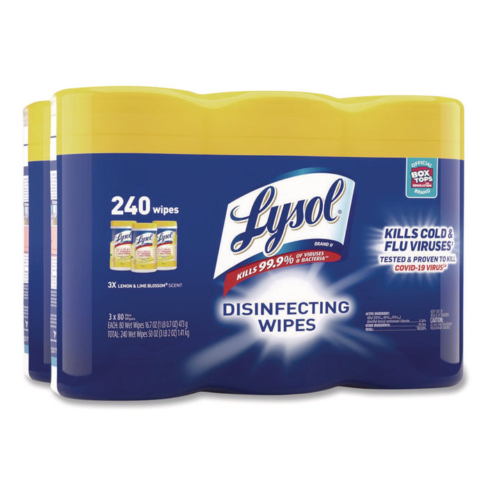 Disinfecting Wipes, 1-Ply, 7 x 7.25, Lemon and Lime Blossom, White, 80 Wipes/Canister, 3 Canisters/Pack, 2 Packs/Carton