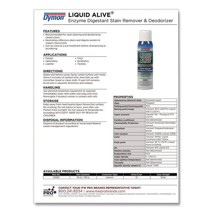 LIQUID ALIVE Enzyme Digestant Carpet and Textile Cleaner/Deodorizer, 20 oz Aerosol Spray, 12/Carton