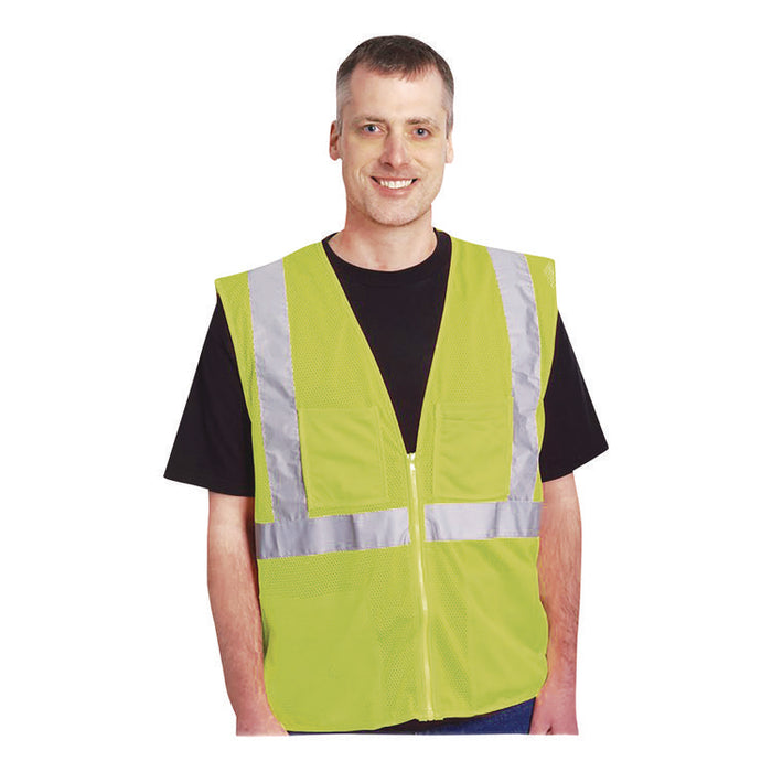 Zipper Safety Vest, Polyester Mesh,  X-Large, Hi-Viz Lime Yellow