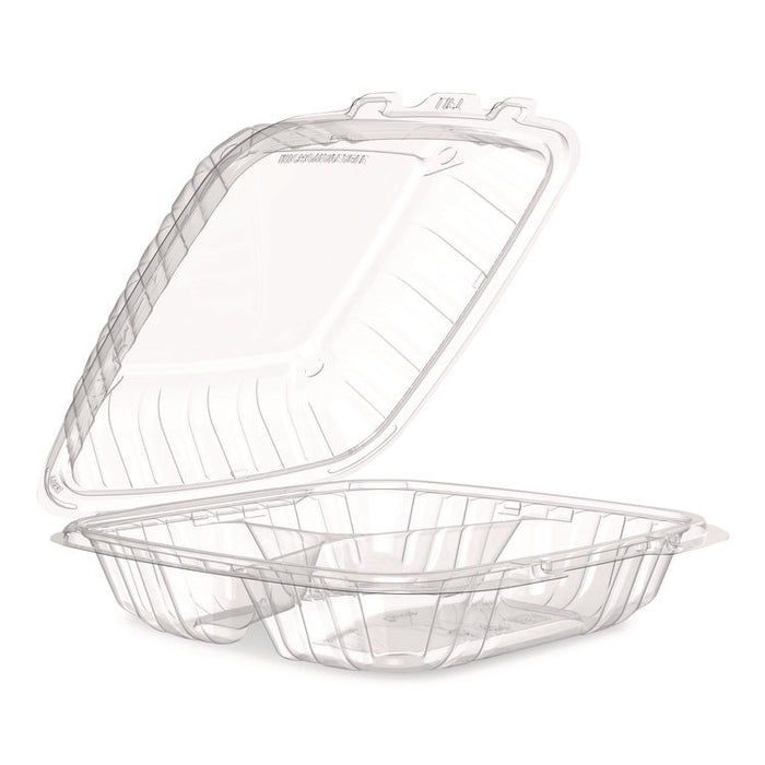 Microwaveable Hinged Containers, ProPlanet Seal, 3 Compartments, 9 x 8.75 x 3, Clear, Plastic,150/Carton
