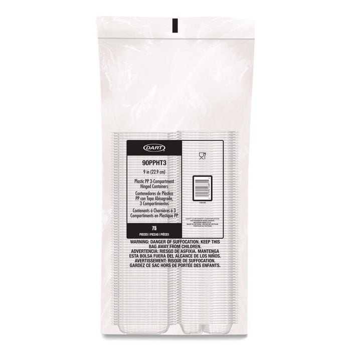 Microwaveable Hinged Containers, ProPlanet Seal, 3 Compartments, 9 x 8.75 x 3, Clear, Plastic,150/Carton