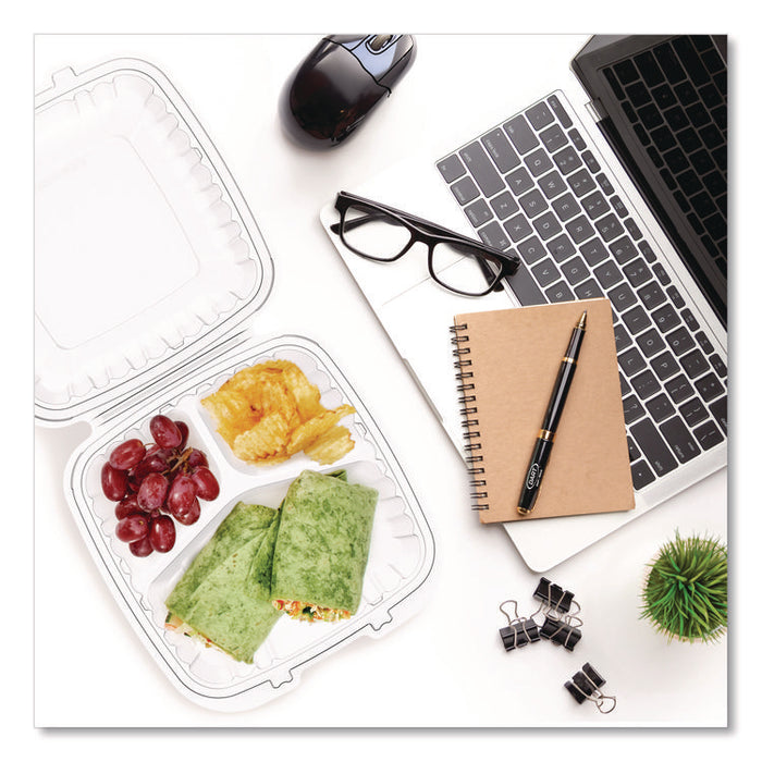 Microwaveable Hinged Containers, ProPlanet Seal, 3 Compartments, 9 x 8.75 x 3, Clear, Plastic,150/Carton