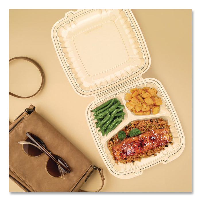 Microwaveable Hinged Containers, ProPlanet Seal, 3 Compartments, 9 x 8.75 x 3, Clear, Plastic,150/Carton