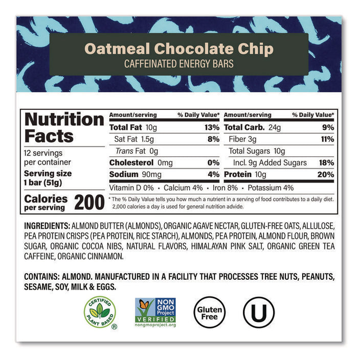 Caffeinated Protein Bar, Oatmeal Chocolate Chip, 1.8 oz Bar, 12/Box
