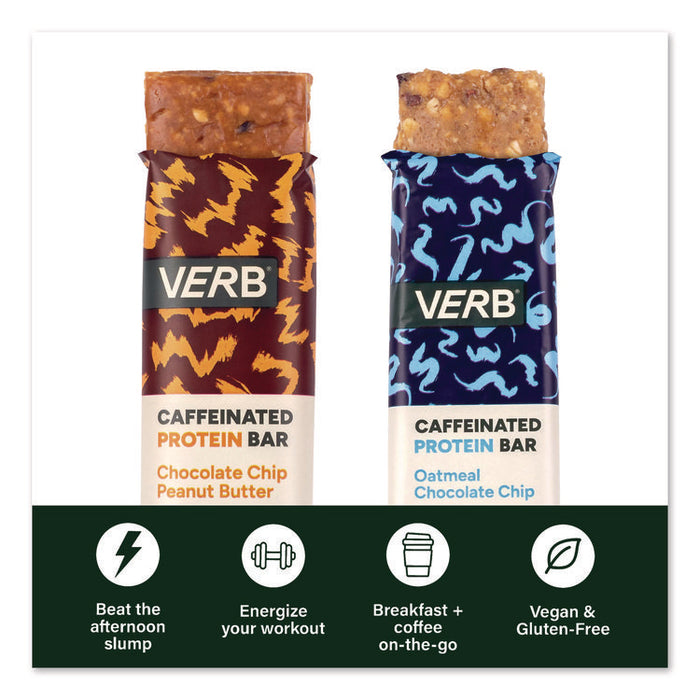 Caffeinated Protein Bar, Chocolate Chip Peanut Butter and Oatmeal Chocolate Chip, 1.8 oz Bar, 24/Box