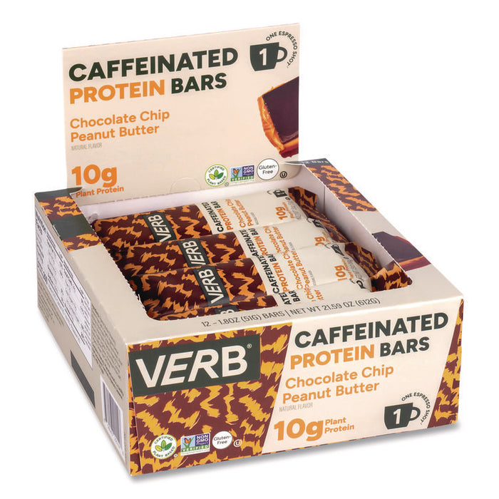 Caffeinated Protein Bar, Chocolate Chip Peanut Butter and Oatmeal Chocolate Chip, 1.8 oz Bar, 24/Box