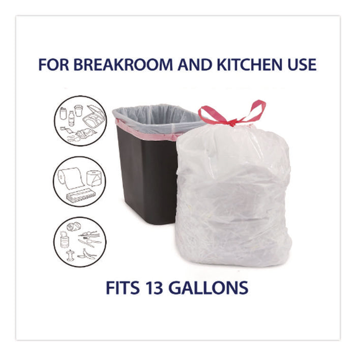 Drawstring Tall Kitchen Trash Bags, 13 gal, 28" x 24", White, 120/Box