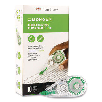 MONO Mini Correction Tape Value Pack, Non-Refillable, 0.17" x 26.25 ft, White Tape, Clear/Green Dispenser, 10/Pack