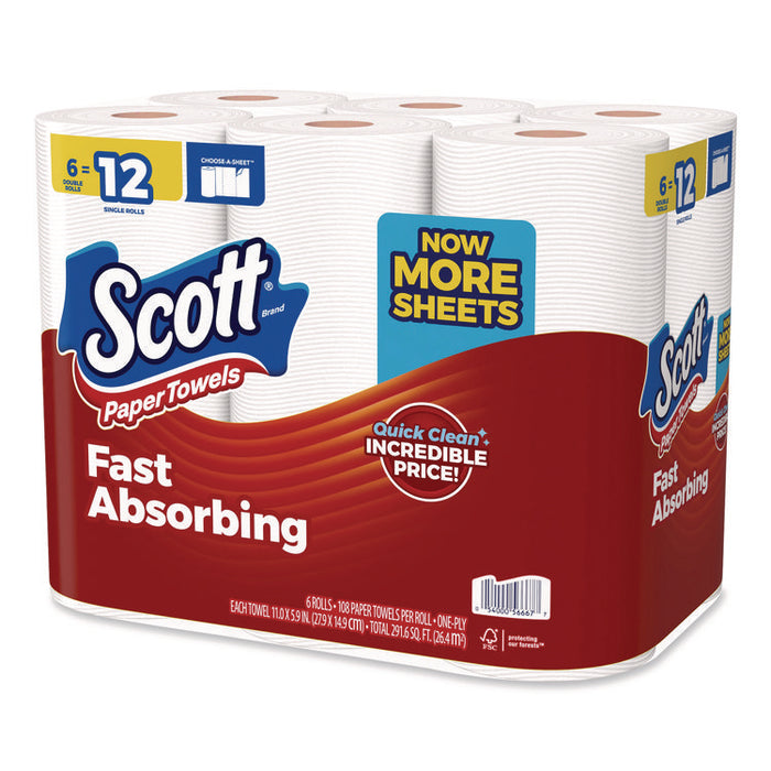 Choose-A-Sheet Kitchen Roll Paper Towels, Double Roll, 1-Ply, White, 108 Sheets/Roll, 6 Rolls/Pack, 4 Packs/Carton