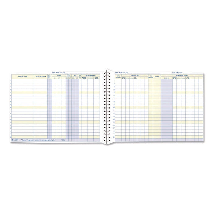 Weekly Payroll Record Book for 20 Employees, Two-Page Spread: 36 Columns, Royal Blue Cover, 8.5 x 11 Sheets, 56 Sheets/Book