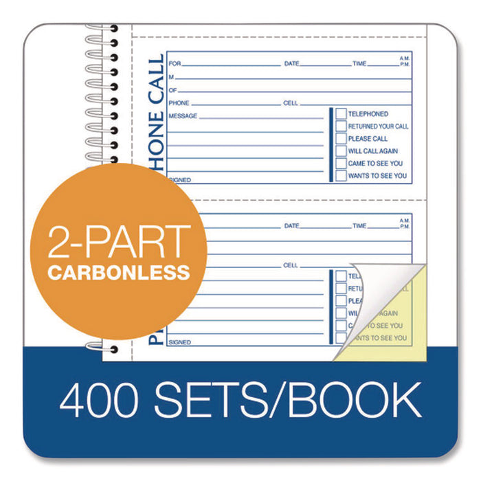 Wirebound Telephone Message Book, Two-Part Carbonless, 4.75 x 2.75, 4 Forms/Sheet, 400 Forms Total