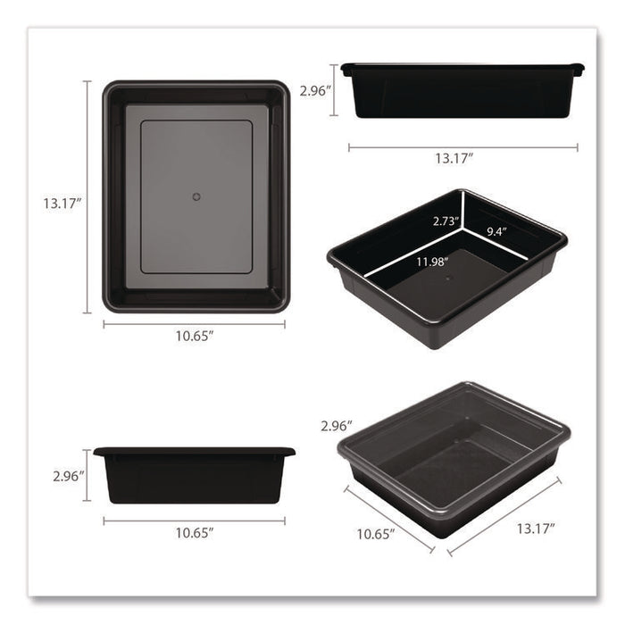 Storage Tray, Flat, 102.4 oz, 10.65" x 10.65" x 2.96", Black, 5/Pack