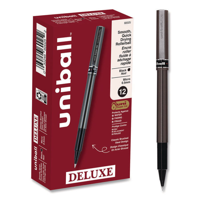 Deluxe Rollerball Pen, Stick, Micro 0.5 mm, Black Ink, Metallic Gray/Black Barrel, Dozen