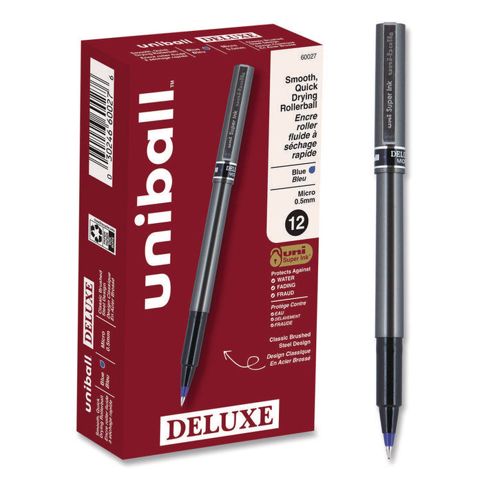 Deluxe Rollerball Pen, Stick, Micro 0.5 mm, Blue Ink, Metallic Gray/Black/Blue Barrel, Dozen