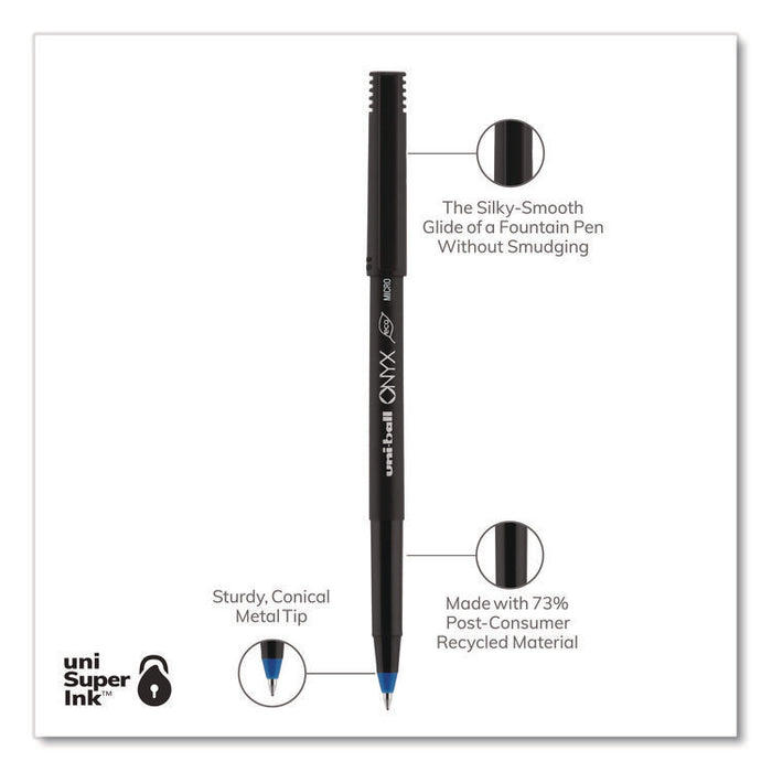 ONYX Rollerball Pen, Stick, Micro 0.5 mm, Blue Ink, Black/Blue Barrel, Dozen