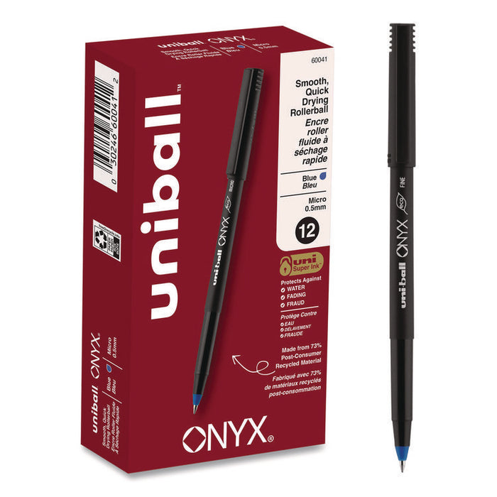 ONYX Rollerball Pen, Stick, Micro 0.5 mm, Blue Ink, Black/Blue Barrel, Dozen