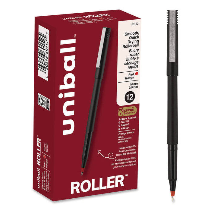 Rollerball Pen, Stick, Micro 0.5 mm, Red Ink, Black/Red Barrel, Dozen
