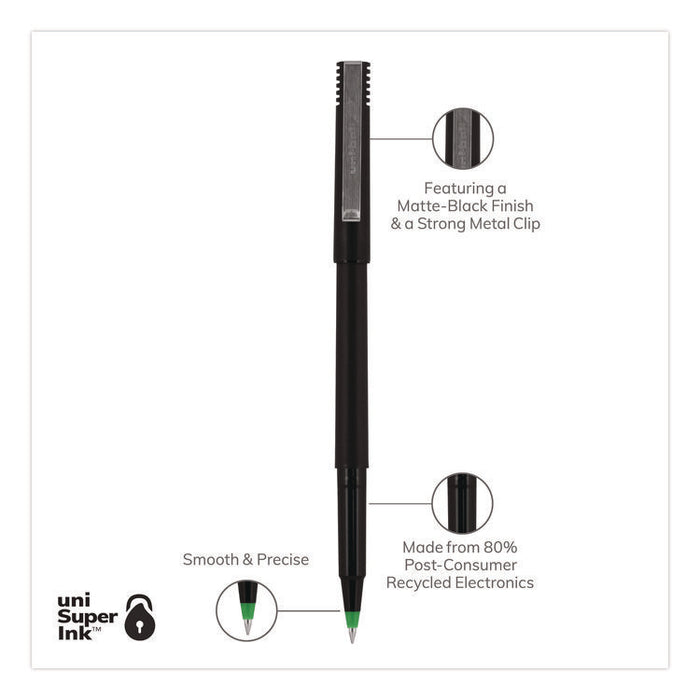 Rollerball Pen, Stick, Micro 0.5 mm, Green Ink, Black/Green Barrel, Dozen