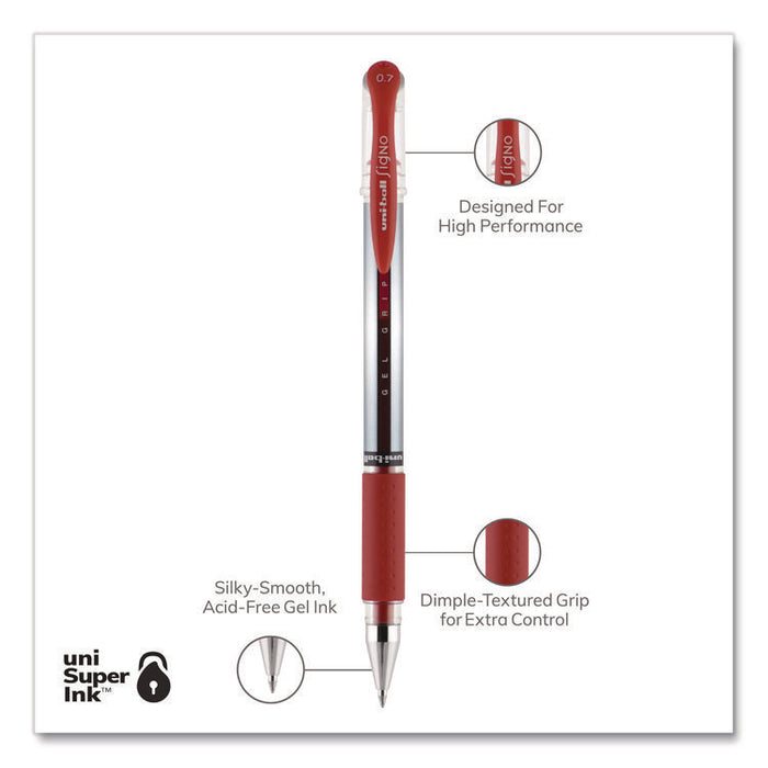 Signo GRIP Gel Pen, Stick, Medium 0.7 mm, Red Ink, Clear/Red/Silver Barrel, Dozen