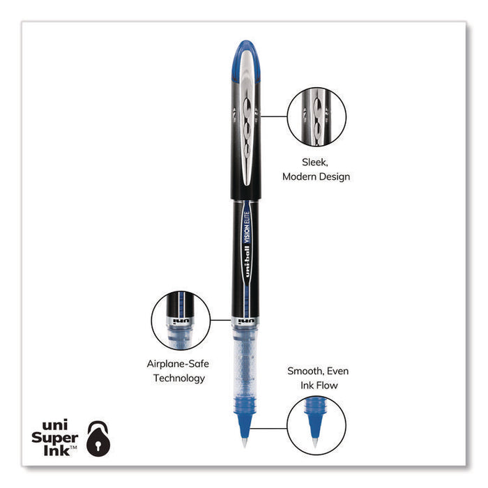 VISION ELITE Rollerball Pen, Stick, Micro 0.5 mm, Blue Ink, Black/Blue/Clear Barrel