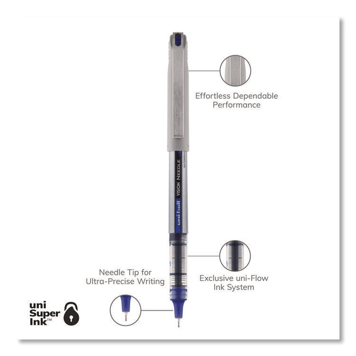 VISION Needle Rollerball Pen, Stick, Fine 0.7 mm, Blue Ink, Gray/Clear/Blue Barrel, Dozen