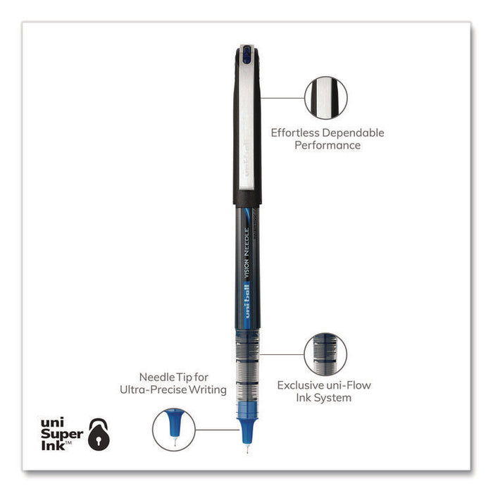 VISION Rollerball Pen, Stick, Micro 0.5 mm, Blue Ink, Black/Blue/Clear Barrel, 12/Pack