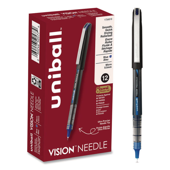 VISION Rollerball Pen, Stick, Micro 0.5 mm, Blue Ink, Black/Blue/Clear Barrel, 12/Pack