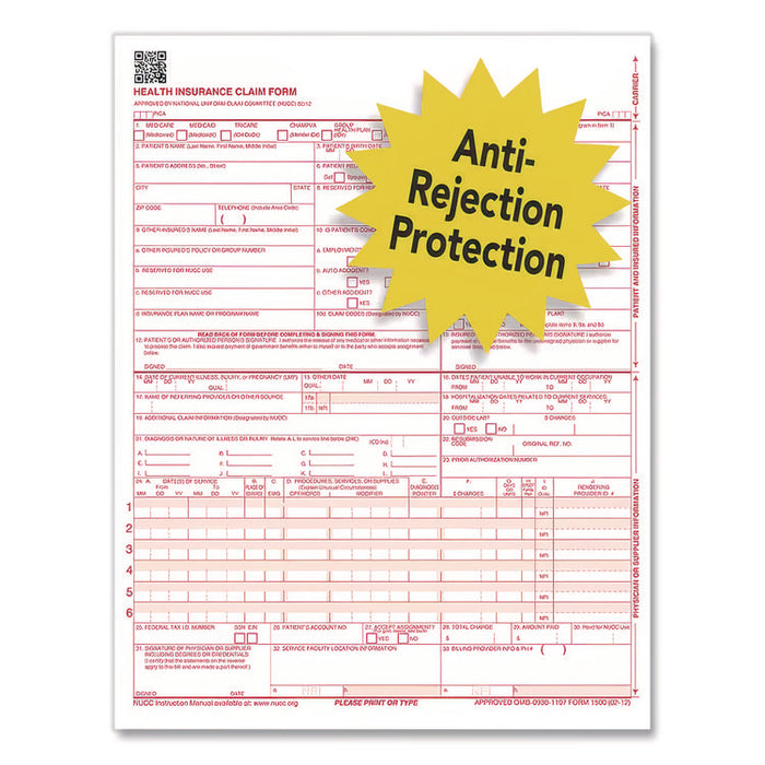 CMS-1500 Health Insurance Claim Form, One-Part (No Copies), 8.5 x 11, 250 Forms Total