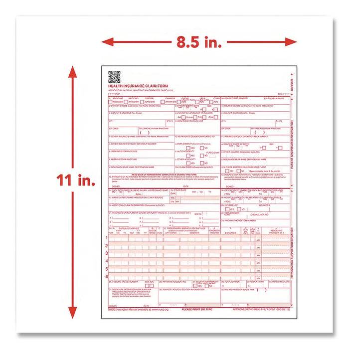 CMS-1500 Health Insurance Claim Form, One-Part (No Copies), 8.5 x 11, 250 Forms Total