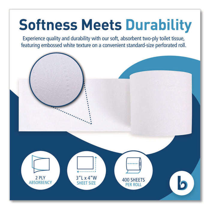 Two-Ply Toilet Tissue, Septic Safe, White, 400 Sheets/Roll, 96 Rolls/Carton