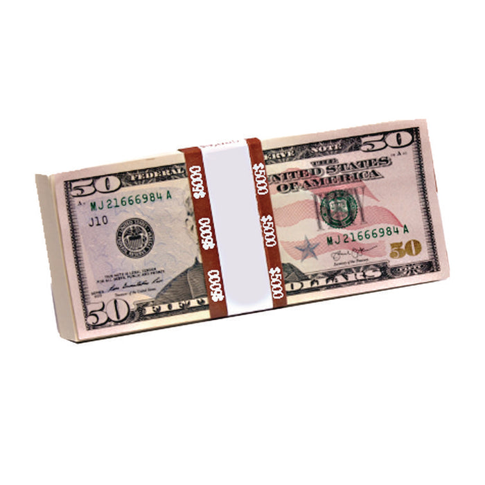 Currency Straps, Self-Adhesive, Fifties, $5,000 Strap, Brown/White, 1,000/Pack