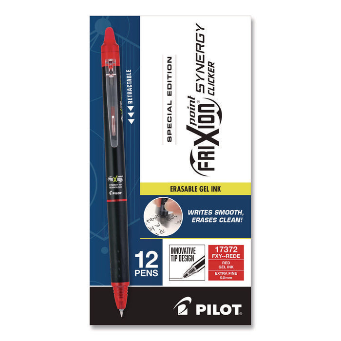 Frixion Synergy Clicker Erasable Gel Pen, Retractable, Extra Fine 0.5 mm, Red Ink, Black/Red Barrel, Dozen