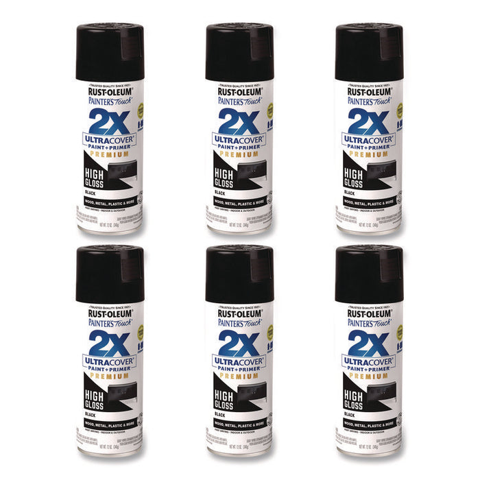 Painter's Touch 2X Ultra Cover Spray Paint, High Gloss Black, 12 oz Aerosol Can, 6/Carton