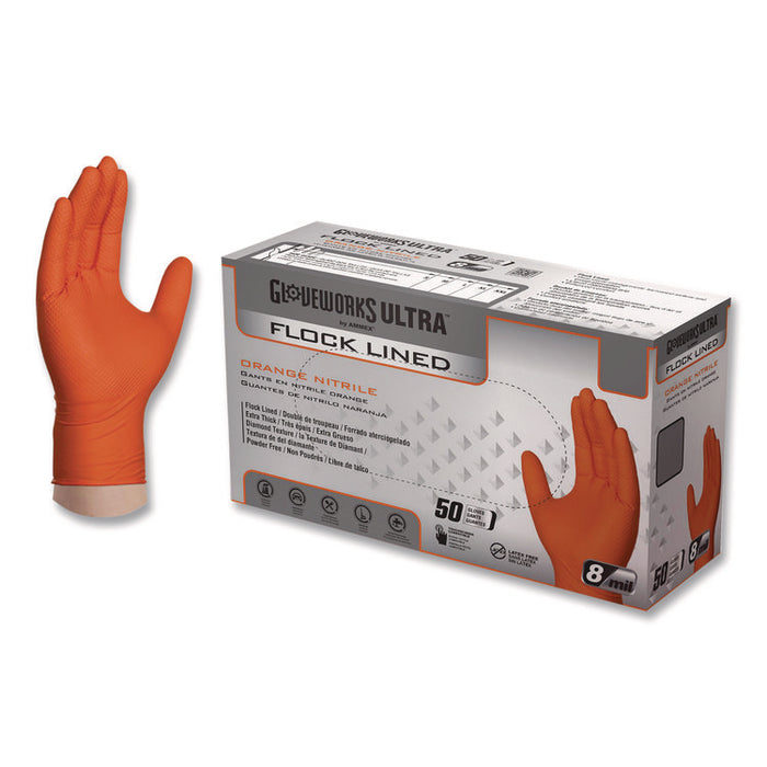 Ultra Industrial Flock-Lined Nitrile Disposable Gloves, XX-Large, 8 mil Thick, 9.06" Long, Orange, 50/Box, 10 Boxes/Carton