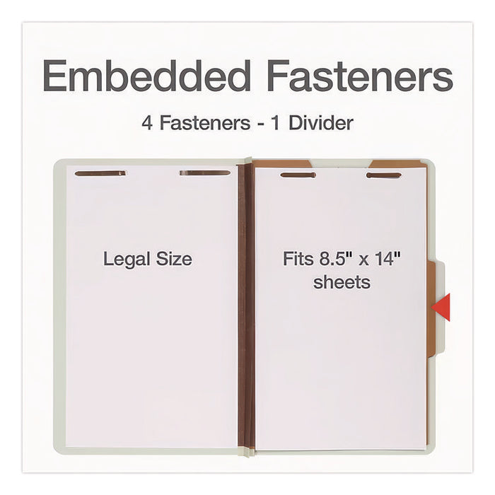 Four-Section Pressboard Classification Folders, Expands 2", 1 Divider, 4 Embedded Fasteners, Legal Size, Light Green, 10/Box
