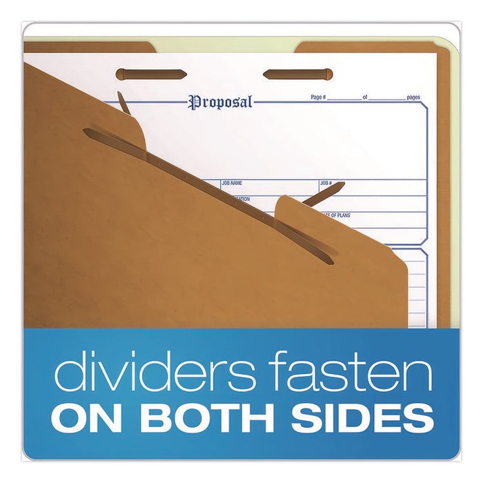 Pressboard Top Tab Classification Folders, 2/5-Cut Tab, Expands 2.5", 2 Dividers, 6 Fasteners, Legal Size, Light Green, 10/BX